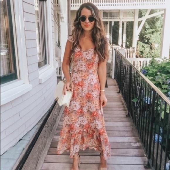 WAYF Valerie Blouson Midi Dress In Coral Floral | Size S - Picture 2 of 11